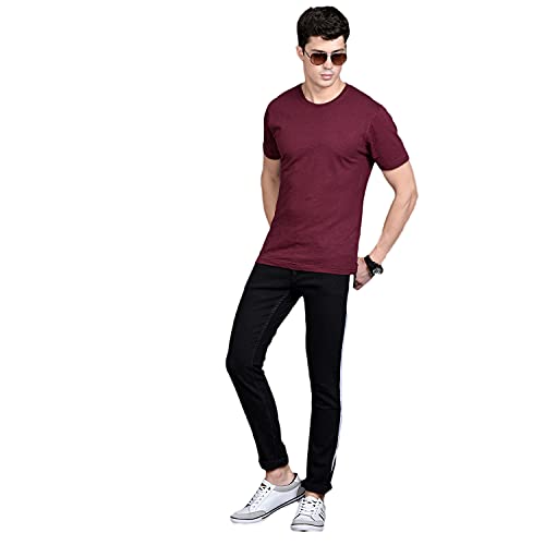 Image of CAHOOT Men' Black Tapered Side Striped Stretchable Cotton Mid Rise Denim Jeans