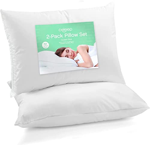 Celeep Bed Pillows (2 Pack) - Pillow Set Queen Size - Hotel Quality Sleeping Pillows for Side, Stomach and Back Sleepers - Microfiber Filling - Soft and Supportive (Queen)