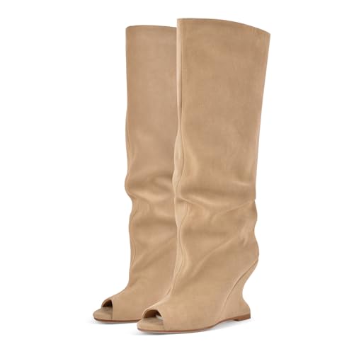 Rhineshell Women's Slouchy High Heels Pull On Wedge Knee High Boots Peep Round Toe Heeled Sandal Boot Faux Suede Solid Color Party Prom Shoes Brown Size 8.5