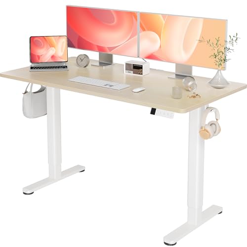 YDN Electric Standing Desk Adjustable Height, 55 x 24 Inches Stand up Desk with Cable Management, Home Office Desks with Splice Board & White Frame, Nature Top