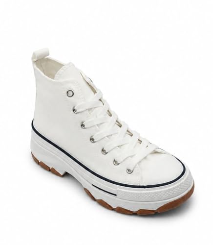 Image of Women's High Top Platform Sneakers Canvas Lace Up Chunky Fashion Trainers White UK 5