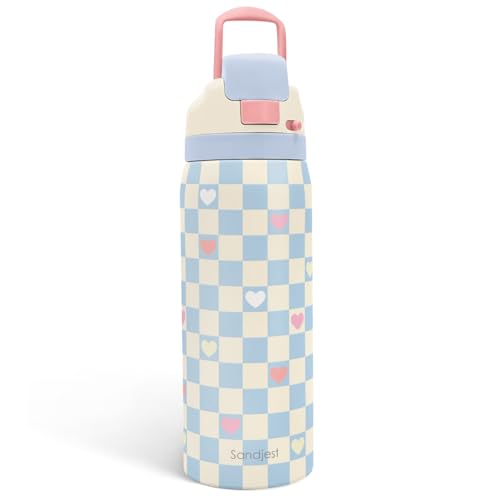 Image of Checkered and Heart Stainless Steel Water Bottle, Vacuum Insulated, Push-Button Lid, 32 oz, Gifts for Women Girls Friends Teens Birthday Christmas