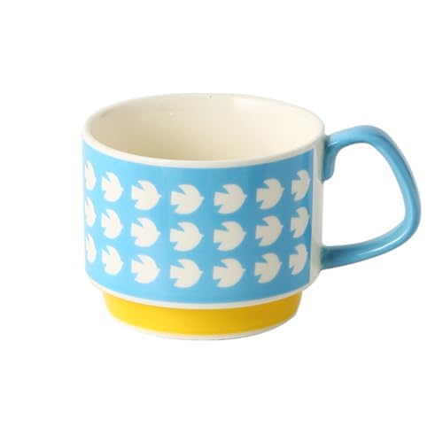 Image of Spooky Japanese Retro Ceramic Coffee Mug - 300ml Printed Stackable Cup with Handle - Hanging Design for Milk, Tea & Espresso - Ideal Gift for Couples, Home or Cafe (Blue and White - Bird)