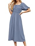 grecerelle abito lungo da donna estivo casual midi con collo quadrato mezza manica increspato schiena smock elastico in vita svizzera dot cocktail abiti lunghi da donna, 04 swiss dot haze blue, l