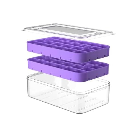 48 Small Ice Cube Tray with Lid and Bin, Easy-release Ice Trays for Freezer, Silicone Ice maker with Ice Bucket for Chilled Drink and Smoothie Purple Cover