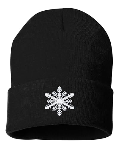 One Size Black Cuffed Snowflake Cute Christmas Embroidered Cuffed Knit Beanie Cap