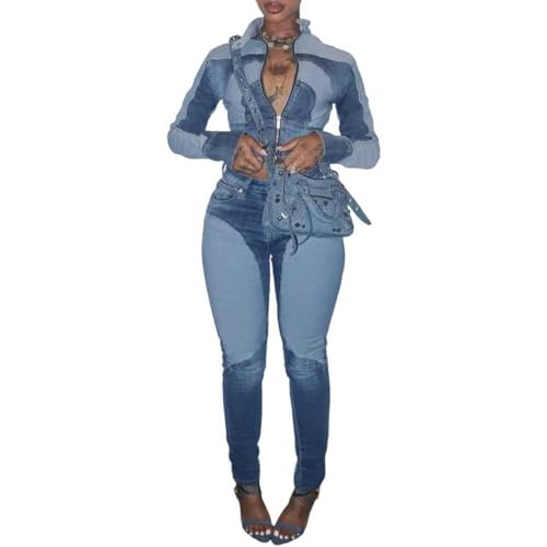 Molilove Women's Two Piece Set Denim Color Block Long Sleeve