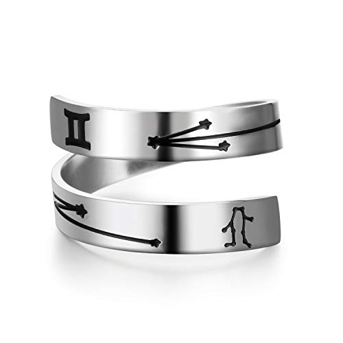 Silver Zodiac Ring Stainless Steel Engraving Size Adjustable Constellation Birthday Ring Gift for Women Teens Girls