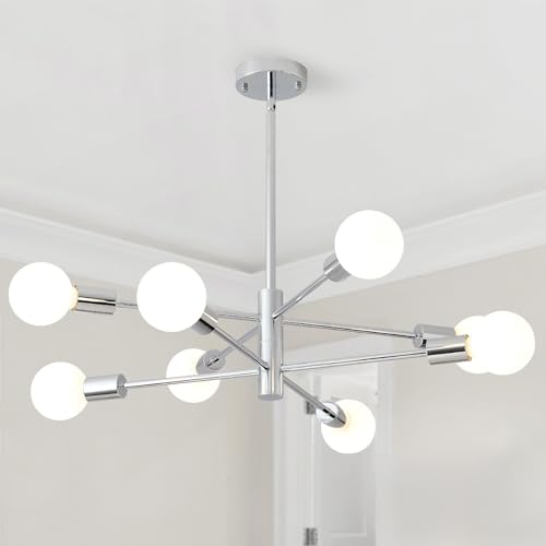 HHR Modern Sputnik Light Fixture, 8-Light Chrome Mid Century Ceiling Chandelier, Height Adjustable Farmhouse Chandeliers for Living Dining Room Kitchen Island Over Table