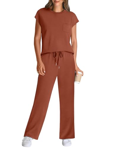 Image of WIHOLL 2 Piece Sets for Women Casual Summer Travel Vacation Outfits Cap Sleeve Lounge Set