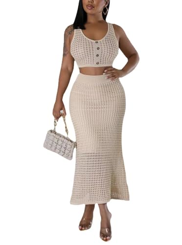Image of Women Plus Two-Piece Skirt Set Tassel Fishing Net Knittin Hollow Out Off Shoulder Beach Dresses Swimsuit Cover Ups