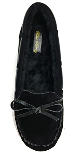 Blueberry Runs Small - Faux Soft Suede Fur Lined Moccasin House Slippers (Moccasin-21) Black, 10 Runs Small