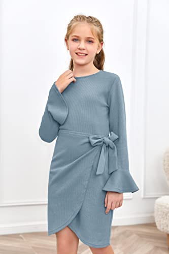 Jaygate Girl's Flared Long Sleeve Belted Dress Midi Dresses For Kids Waffle Round Neck Fall Clothes Blue #TOP2