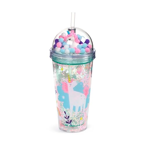 Image of Puckator Unicorn Magic Double Walled Cup & Straw with Charms - Insulated Tumbler - Cups with Lids and Straws for Adults Children - Travel Thermal Cup with Straw - Water Bottles with Staw