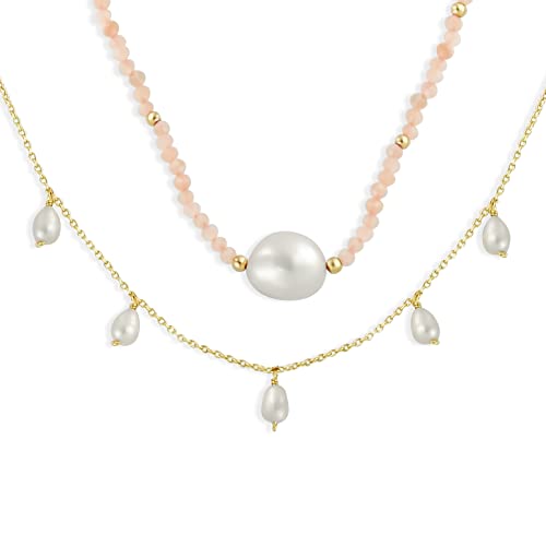 Boho Dainty Minimalist Simple Delicate Layered Multi Strand Nature Pink Thin Gemstones Cultured White Baroque Pearl Strands Necklace Choker For Women Girls 18K Yellow Gold Plated Chain 14" Adjustable #TOP1