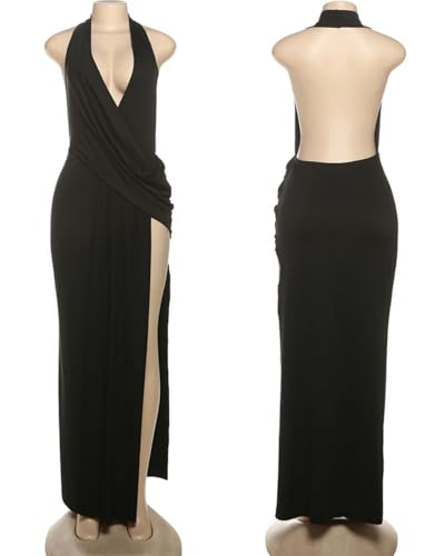 Image of ANKOMINA Women's Sexy V Neck Halter Backless Maxi Dress Ruched High Split Long Bodycon Dresses for Party Cocktail Evening