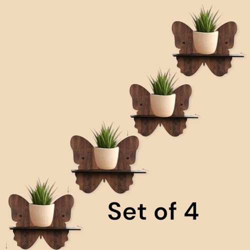 Image of Wall Mounted Planter Holder Set of 4 | Wooden Plant Stand | MDF Floating Wall Shelf | Indoor Plant Shelf | Plant Pot Holder | Wall Shelf | Home Decor | Living Room, Bedroom, Balcony, Office | Brown