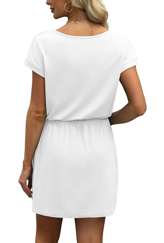 Image of OFEEFAN Summer Dresses for Women 2026 V Neck T Shirt Casual Mini Dresses Tie Waist Sundresses with Pockets