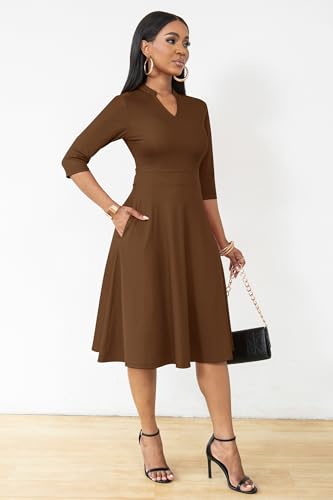 Image of Nmoder Casual Dresses for Women Semi Formal Fit and Flare 3 /4 Sleeve A-line Church Work Dress with Pockets