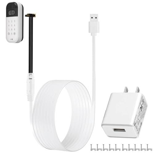 10ft/3m Power Cable and Adapter for myQ Smart Garage Door Video Keypad Weatherproof Outdoor Flat Charging Cable Continuously Charging Your Video Keypad Includes White Mounting Nails