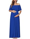 Ecavus Womens Off Shoulder Maternity Dress Ruffle Trim Maxi Photography Dress for Baby Shower Royal Blue
