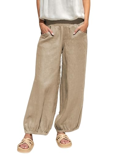 Lviefent Womens Linen Wide Leg Pants Baggy Elastic Waist Berral Pants Beach Palazzo Harem Pants with Pockets