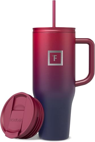 Image of IRON FLASK 40 oz Co-Pilot Insulated Travel Mug | Insulated Travel Mug with Straw & Flip Cap Lids - Cup Holder Fit, Leakproof, BPA Free (Dark Rainbow)