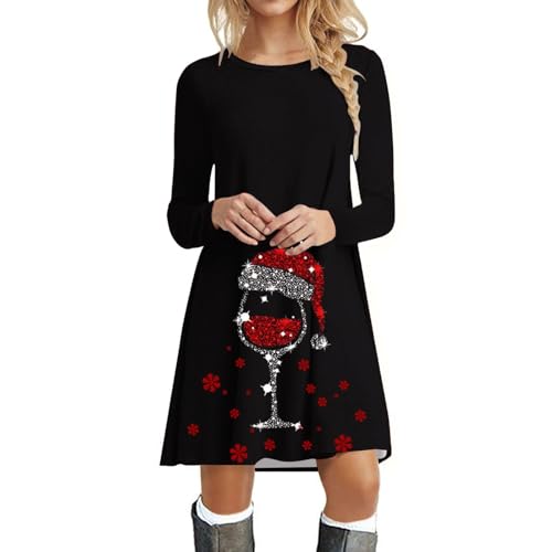 Weihnachtskleid Damen Elegant, Kleid Weihnachten Damen, Rundhals Minikleid Rot Weinglas Pulloverkleid Tunikakleid Hässliche Weihnachtspulli...