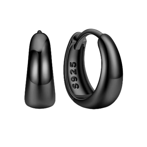 ChicSilver Silver Chunky Hoop Earrings for Women, Solid 925 Sterling Silver Small Thick Huggie Earrings, Hypoallergenic Lightweight Silver Hoop Earrings for Sensitive Ears (8/10/12/14mm) Bla