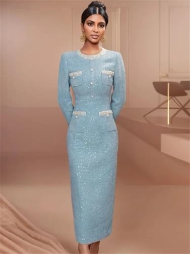 Women's Blue Tweed Dress Slim One-Piece Bottoming Dress3