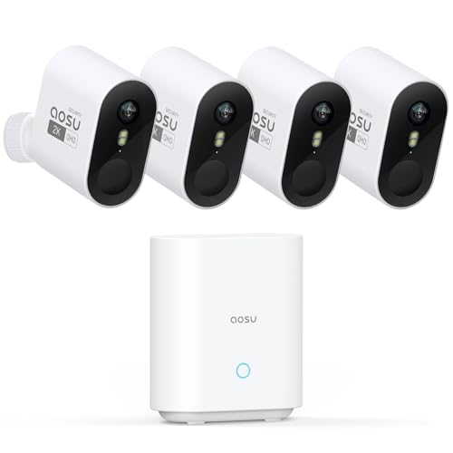aosu 2K Caméra Surveillance WiFi Extérieure Intérieur sans Fil, 4 Cameras Kit avec aosuBase, sans Abonnement, Ultra Grand Angle, Autonomie Jusqu’à 240...