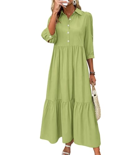 chouyatou Women's Casual Button Up Polo Collar Shirt Dress 3/4 Sleeve Ruffle Tiered Maxi Long Dress (Large, Green)