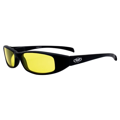 Global Vision New Attitude glasses eye wear, with a matte black frame and yellow lenses. Very stylish, the yellow makes night vision while driving much easier.