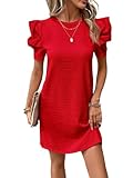 Narecte Summer Dresses for Women,Puff Sleeve Casual Dresses,Work Dresses,Solid Tunic Dress,Short Dress,T Shirt Dress Red L