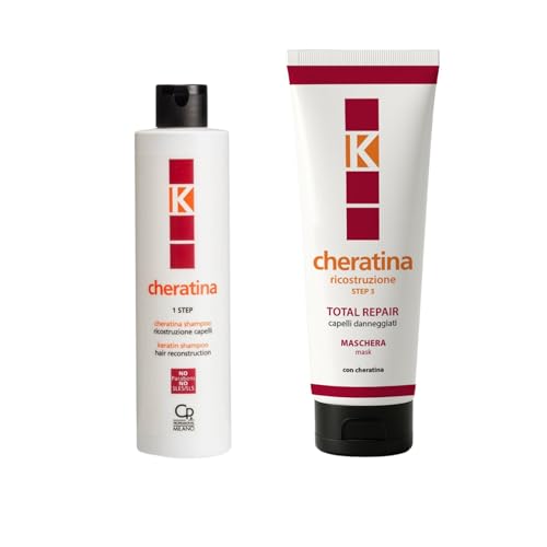 K-Cheratina, Trattamento Ricostruzione Capelli Shampoo e Maschera a Base di Cheratina, Idee Regalo, Kit con Shampoo Ricostruzione per Capelli Danneggiati 200ml, Maschera Ricostruzione 250ml