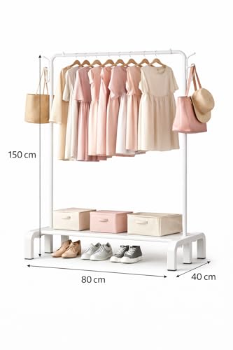 Image of Raawan Heavy Duty Double Rod Clothes Rack with Side Storage Shelves | Metal Garment Stand Organizer | Space Saving Cloth Hanger Stand for Bedroom, Living Room & PG (1 LAYER WHITE)