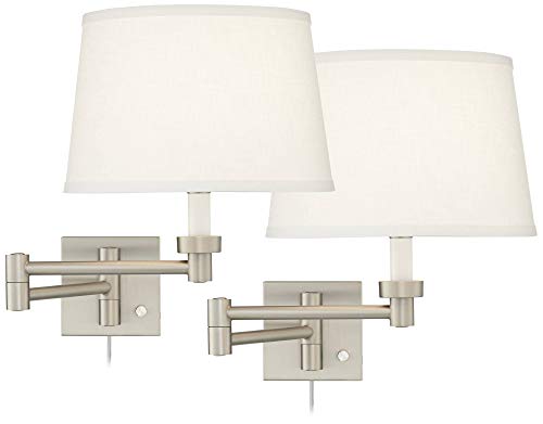 Image of Possini Euro Design Modern Swing Arm Wall Mounted Lamps Set of 2 Brushed Nickel Plug-in Light Fixture Dimmable White Linen Drum Shade for Bedroom Bedside House Reading Living Room Home Dining