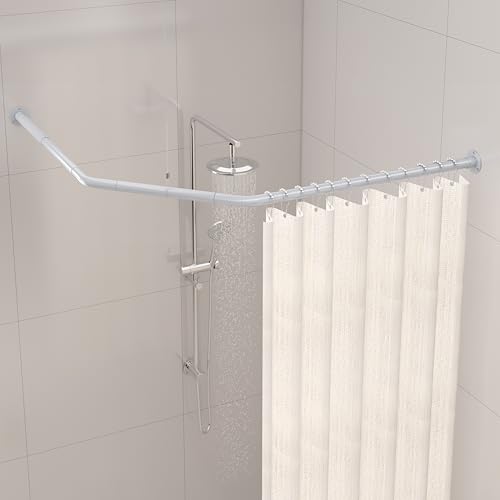 Crkmire Corner Shower Curtain Rod, Diamond Shaped [Both Sides: 22" - 34.8", Middle: 28" / 43.7"] Adjustable Bathroom Bathtub Shower Rod with 12 Hooks & Ceiling Support - Silver Gray