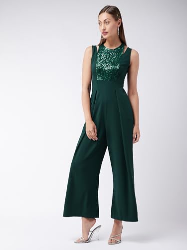 Image of Miss Chase Women's Halter Neck Sleeveless Solid Wide Leg Sequin Paneled Regular Length Jumpsuit