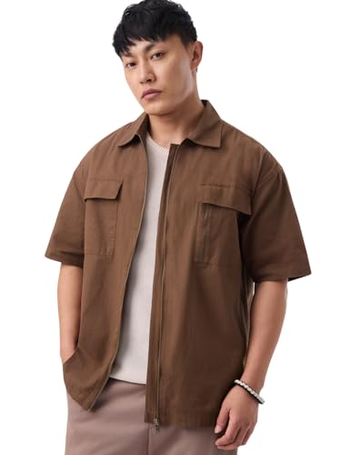 Image of The Souled Store Zipper Shirt: Men and Boys Short Sleeve Spread Collar Zipper Front Solid Textured Regular Fit Casual Easy to Style Everyday Office Wear Cotton Shirt