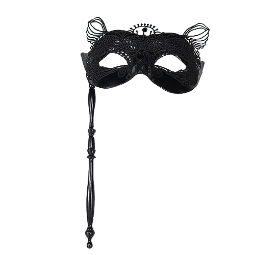 NAUZE Masquerade Mask With Stick Cat Ears Lace Masquerade Mask Adjustable Face Cover for Halloween Masque Party Venetian Masque Party Prop