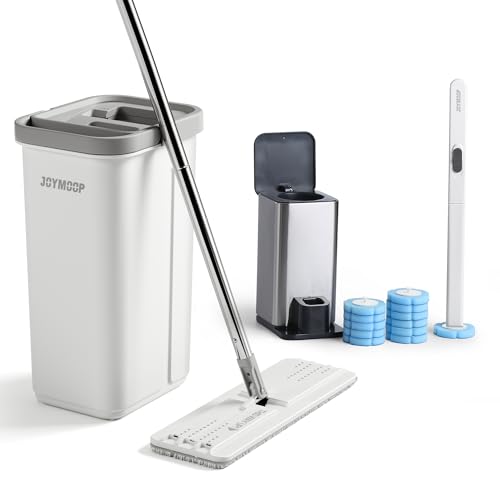 Image of JOYMOOP Bathroom Cleaning Set, Mop and Bucket System with Toilet Brush Set, White, Microfiber Flat Mop for Household & Commercial Floor and Bathroom Cleaning