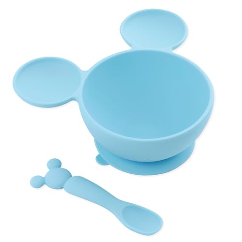 Image of Bumkins Disney Baby Bowl, Silicone Feeding Set with Suction for Baby and Toddler, Includes Spoon and Lid, Essentials for Baby Led Weaning,for Babies 4 Months, Mickey Mouse Light Blue