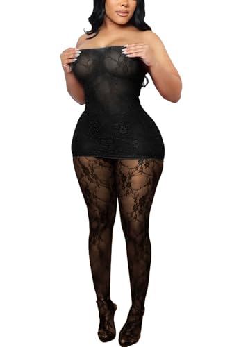 Image of Black Sexy Lace 2 Piece Mini Dress Set Outfit for Women Hollow Out with Stockings Set Clubwear Birthday Party Wear