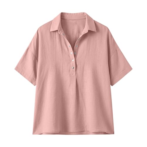 Linen Tops for Women Summer 2026,Short Sleeve Button Down V Neck Womens Casual Loose Fit Gauze Shirts,Breathable Cotton Linen Tops for Beach Vaction Trvael Work Petite Pink S — view 4