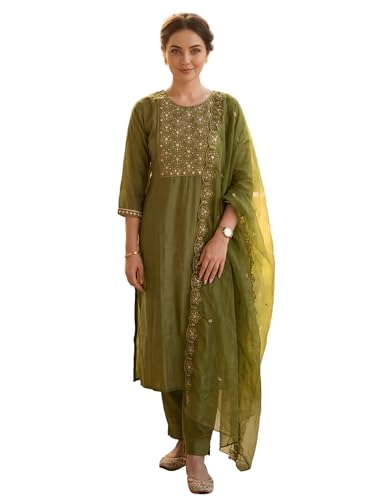Image of INDO ERA Solid Straight Pure Cotton Kurta with Pant & Dupatta Set for Women