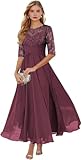 Tee-Länge Brautmutter-Kleider für Damen, Spitzenapplikationen, Chiffon, formelles Hochzeitskleid mit Ärmeln, mulberry, 54 Plus