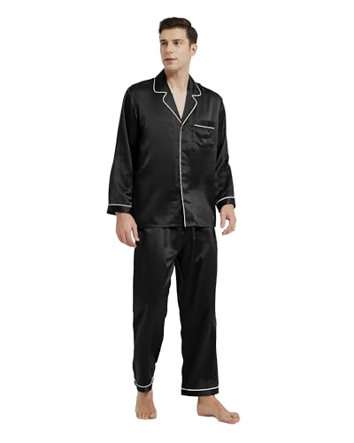 Mommesilk 100% Silk Pajamas Set for Men Long Sleeve Pajama Top with Pant Cool for Summer 2PC Silk Sleepwear Piped Soft