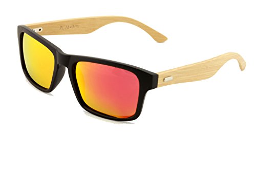 Rectangular Genuine Real Bamboo Wood Polarized Sunglasses With Reflective Mirror Tint