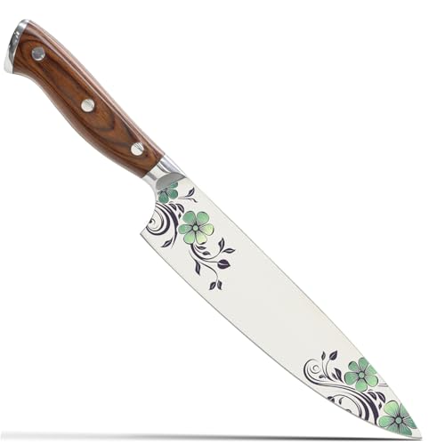 Image of Custom Chef Knife, Personalized Chef knife, Color Engraved knife, Gift, 8 inch Sheath Cover and Gift Box Gift for Any Season (Spring Edition)